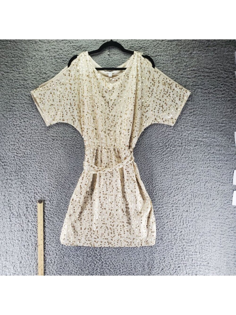 New York & Company Dress Womens Large Cream Gold Sequin Short Sleeve *NWT*